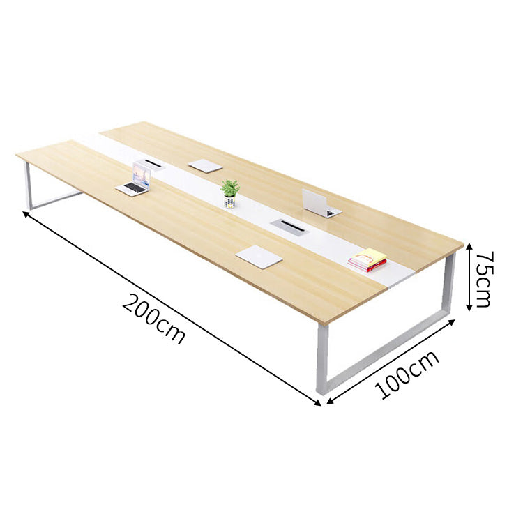 木製会議テーブル ミーティングテーブル　会議室用テーブル　エコ素材　焼付塗装　スチール脚　配線ボックス　木目調　カスタマイズ可能　HYZ-SL-018