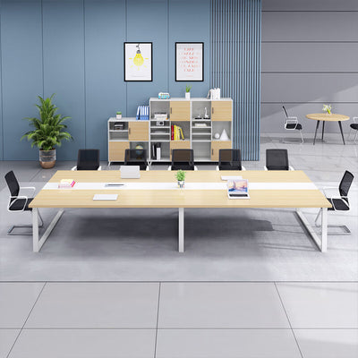 木製会議テーブル ミーティングテーブル　会議室用テーブル　エコ素材　焼付塗装　スチール脚　配線ボックス　木目調　カスタマイズ可能　HYZ-SL-018