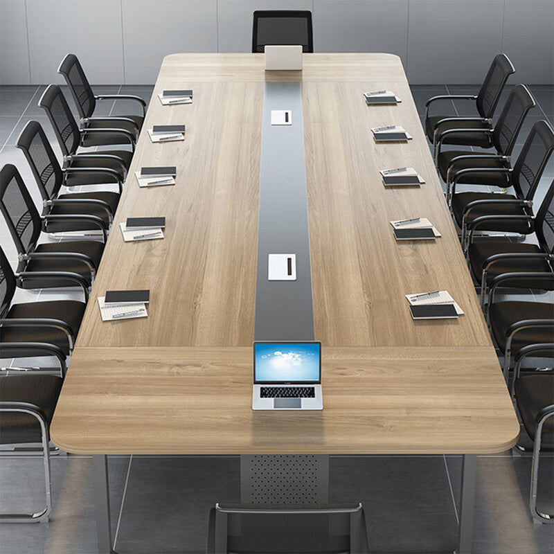 木目調　オフィスデスク　ミーティングテーブル　大型会議テーブル　R加工　焼付塗装　スチール脚　配線ボックス　シンプル　カスタマイズ可能　HYZ-S102