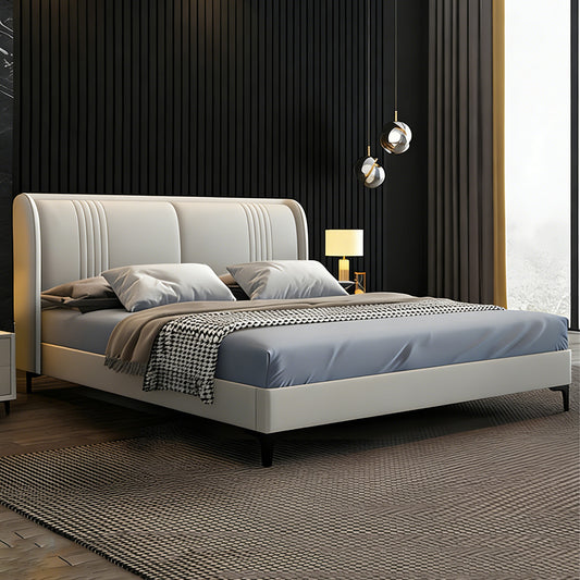 ベッド　寝室家具　ヘッドボード　背もたれクッション　本革　木製フレーム　オシャレ　ポップ　ベージュ　ライトグレー　カスタマイズ可能　BED-S052