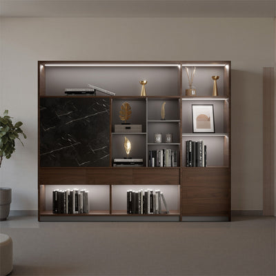 オフィス収納　オフィスキャビネット　LEDライト　シンプル　オフィス整理棚　本棚　分類収納　木目調　大理石柄　ウォールナット　グレー　SZ-SG-S01