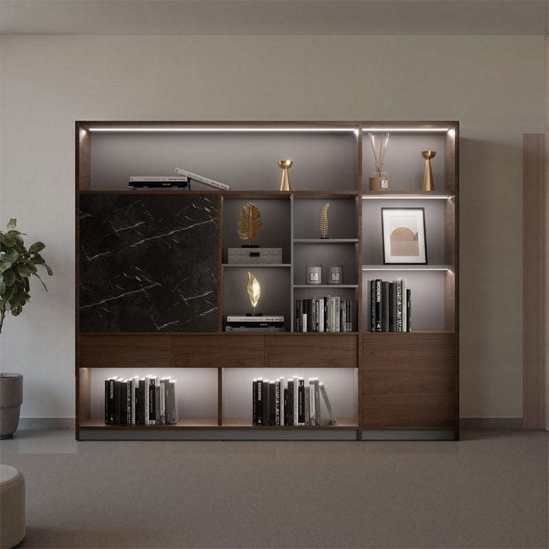 オフィス収納　オフィスキャビネット　LEDライト　シンプル　オフィス整理棚　本棚　分類収納　木目調　大理石柄　ウォールナット　グレー　SZ-SG-S01