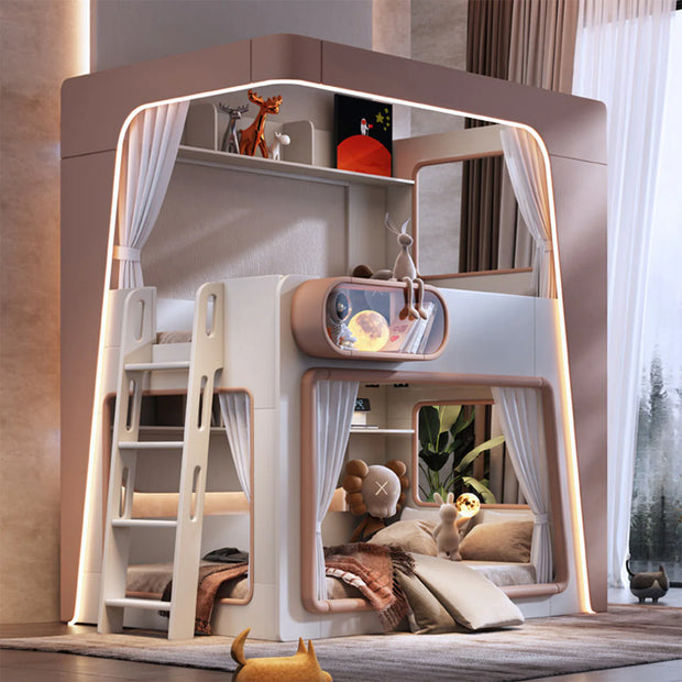 二段ベッド　親子ベッド　子供用ベッド　キッズベッド　カーブフレーム　カーテン付き　階段収納一体型　多段収納棚付き　転落防止柵　角丸安全設計　ピンク系　ミニマル　カスタマイズ可能　SCC-C097