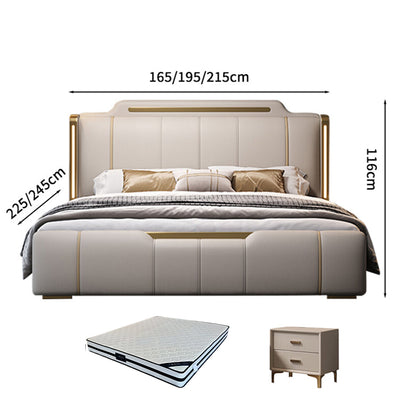 ベッド　キング　サイズ　二人用　ウレタン　高密度ウレタン 　ヘッドボード　天然木　LEDライト　本革　大容量収納　カーキー　カスタマイズ可能　BED-S030　KAGUSHOP