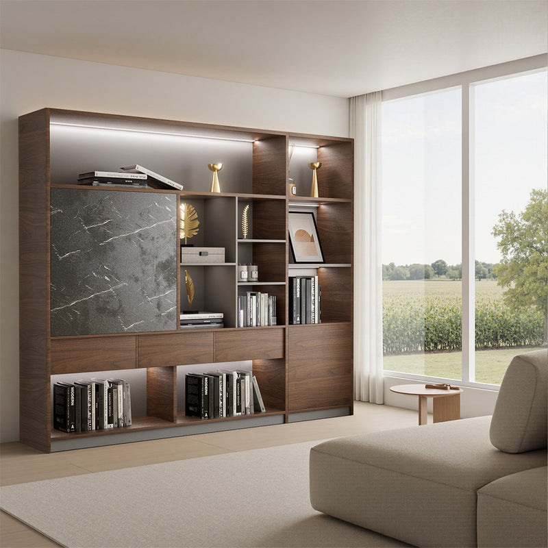 オフィス収納　オフィスキャビネット　LEDライト　シンプル　オフィス整理棚　本棚　分類収納　木目調　大理石柄　ウォールナット　グレー　SZ-SG-S01