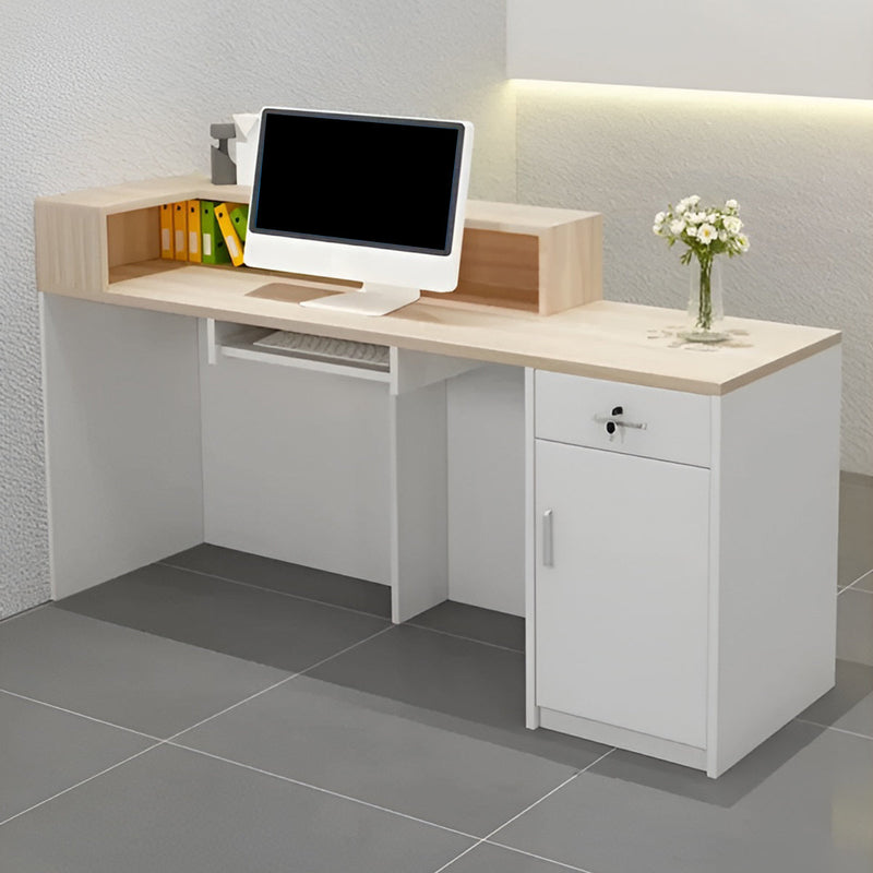 エコ板材　安全で無臭　頑丈　錠付き引き出し　上部天板　キーボードトレイ　仕切り板　バイカラー　カウンター　受付カウンター　シンプル　モダン　洗練　ホワイト　カスタマイズ可能　JDT-K-111