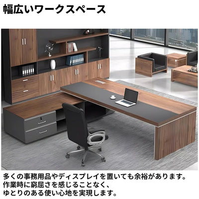 分厚い天板　頑丈　耐久性　キャビネット　大容量　錠付き　広め　ゆとり　幕板　安定性　役員デスク　デスク　エグゼクティブ　落ち着き　機能的　ウォールナット　カスタマイズ可能　LBZ-K-038
